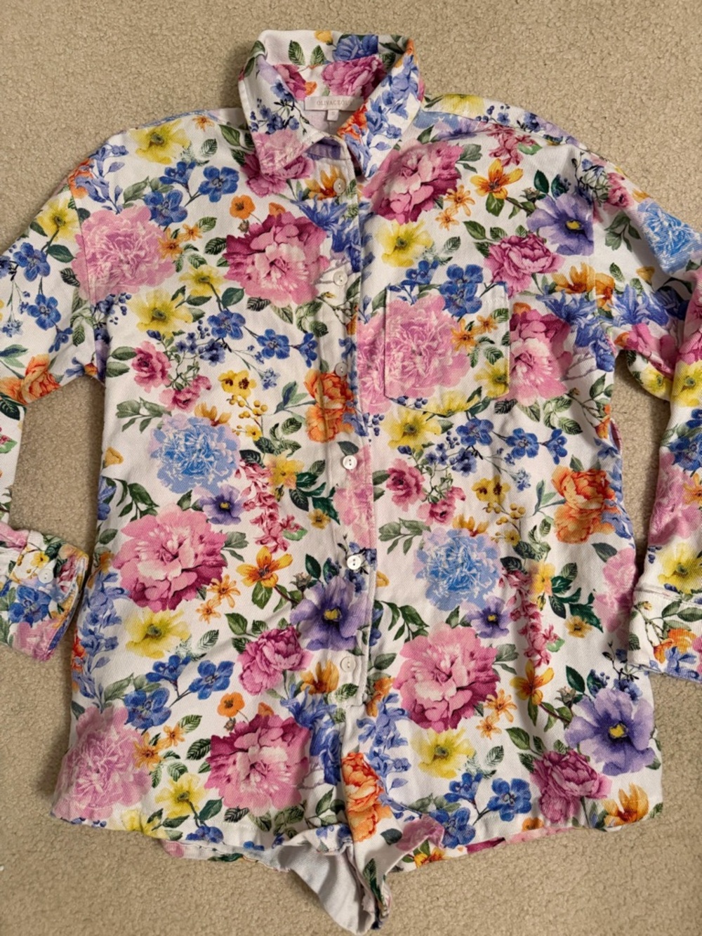 Olivaceous White Floral Button-Down cotton  denim like romper women’s S EUC